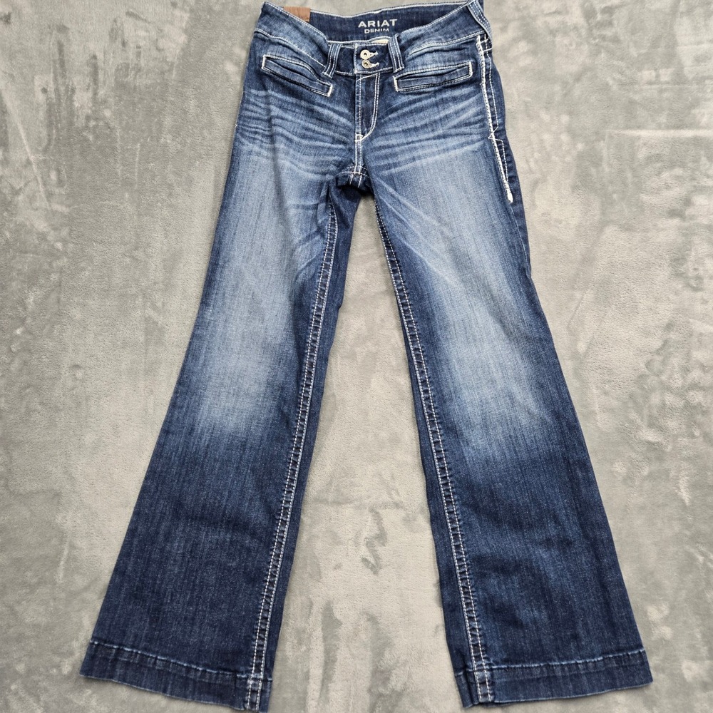 Ariat Denim Trouser Jeans Womens 27S 28x30 Medium Wash Wide Leg Western Stretch